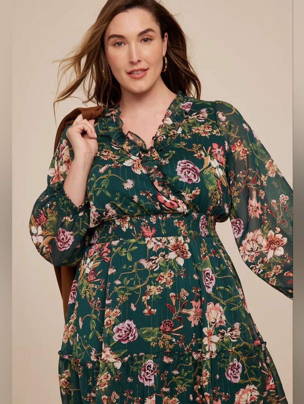 Maurices Green Floral Lurex Ruffle Trim Skater Dress Size 2X Plus Size